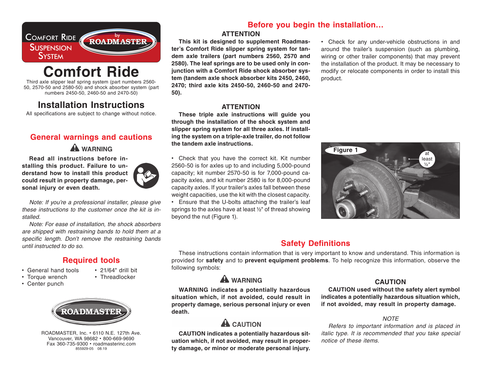 Roadmaster Comfort Ride Slipper Third Axle Kit Operating instructions