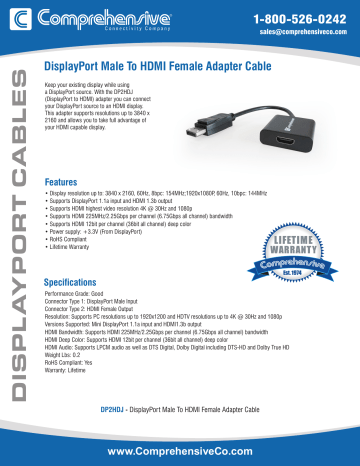Comprehensive DP2HDJ DisplayPort Male To HDMI Female 8 Inch Cable Specification Sheet | Manualzz