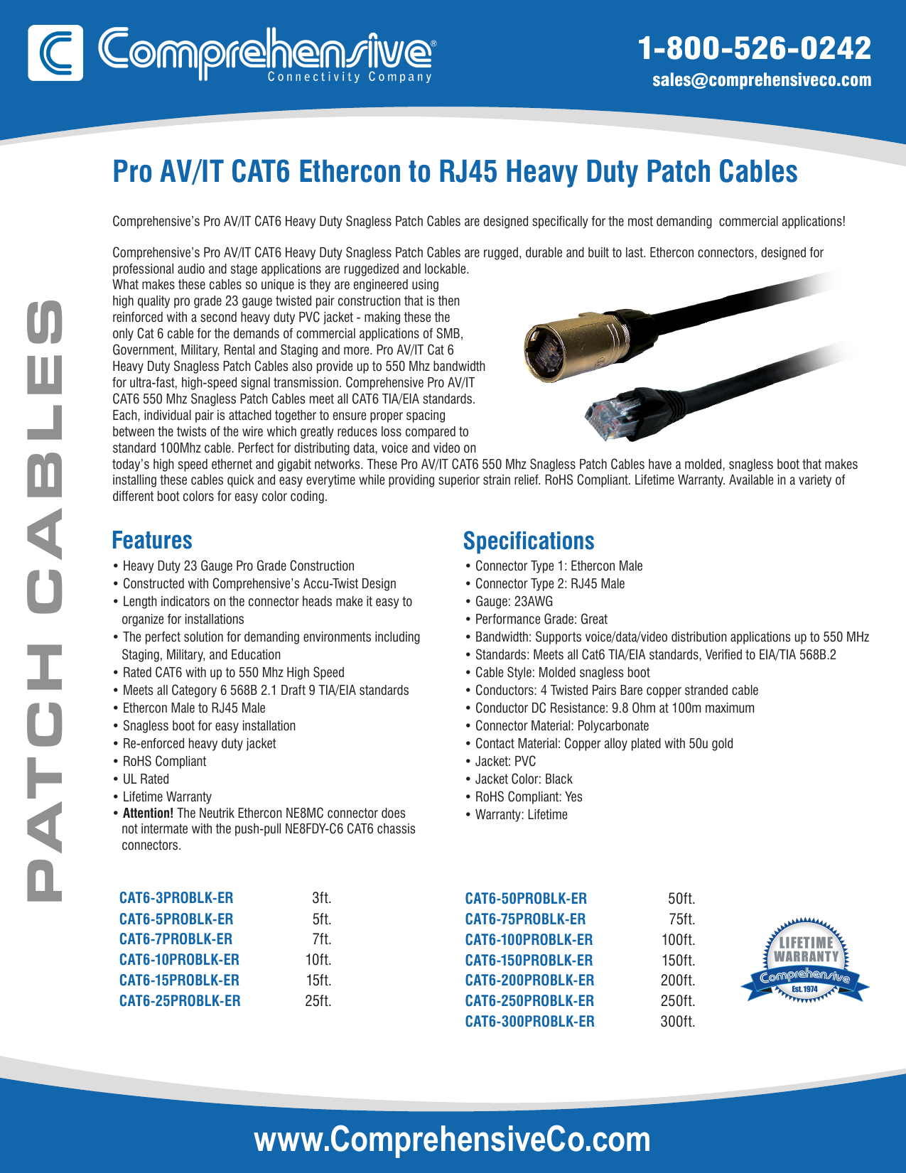 Comprehensive Cable CAT6-3PROBLK-ER 3FT PRO CAT6 ETHERCON RJ45 HEAVY DUTY SNAGLESS PATCH CABL 