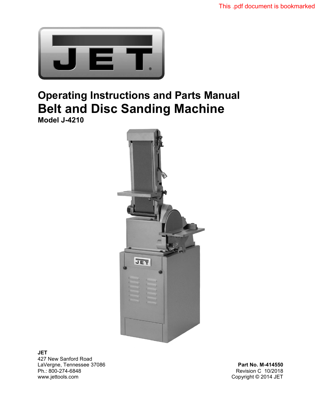 Jet J4210K 6" x 48" Belt and 10" Disc Machine Owner Manual Manualzz