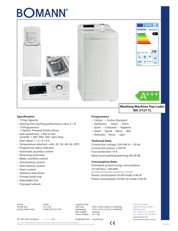 Bomann WA 5727 TL Washing machine top lader Data Sheet | Manualzz