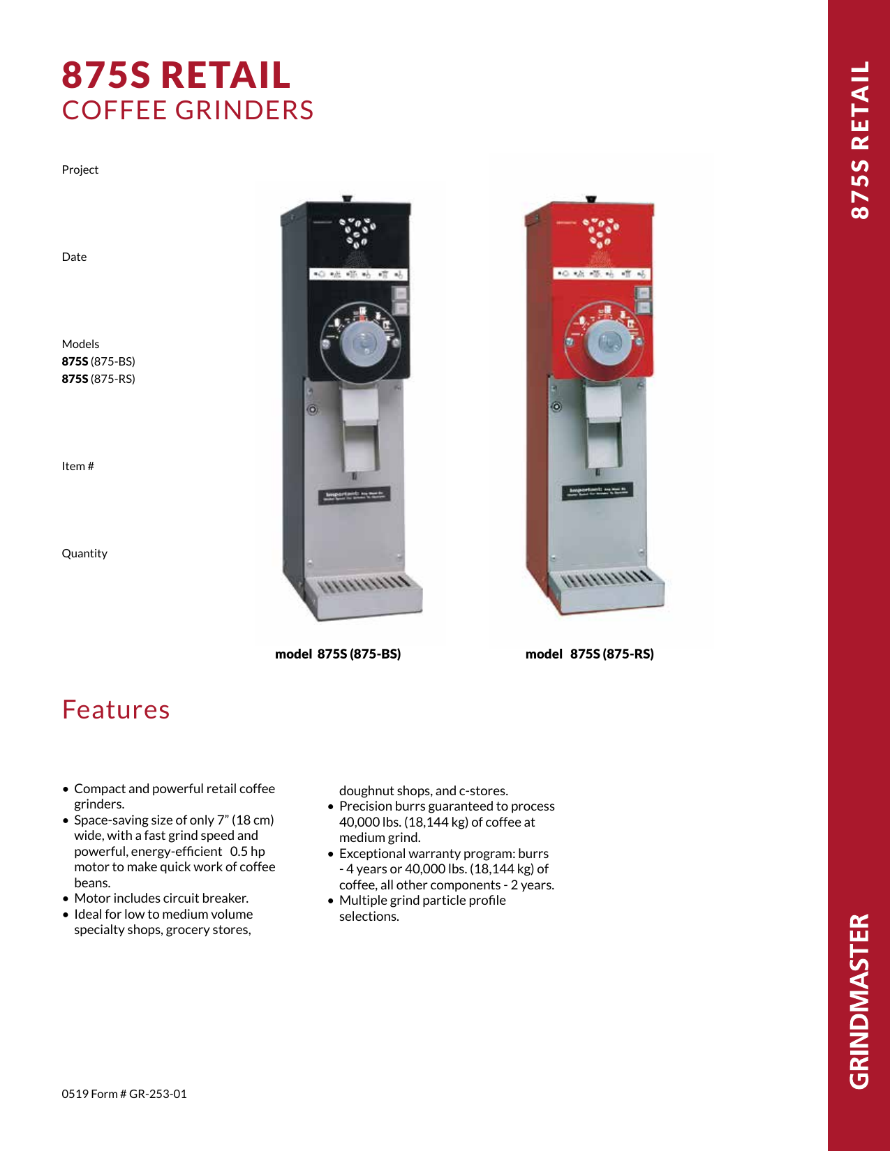 Grindmaster 875S Retail Coffee Grinder Data Sheet Manualzz