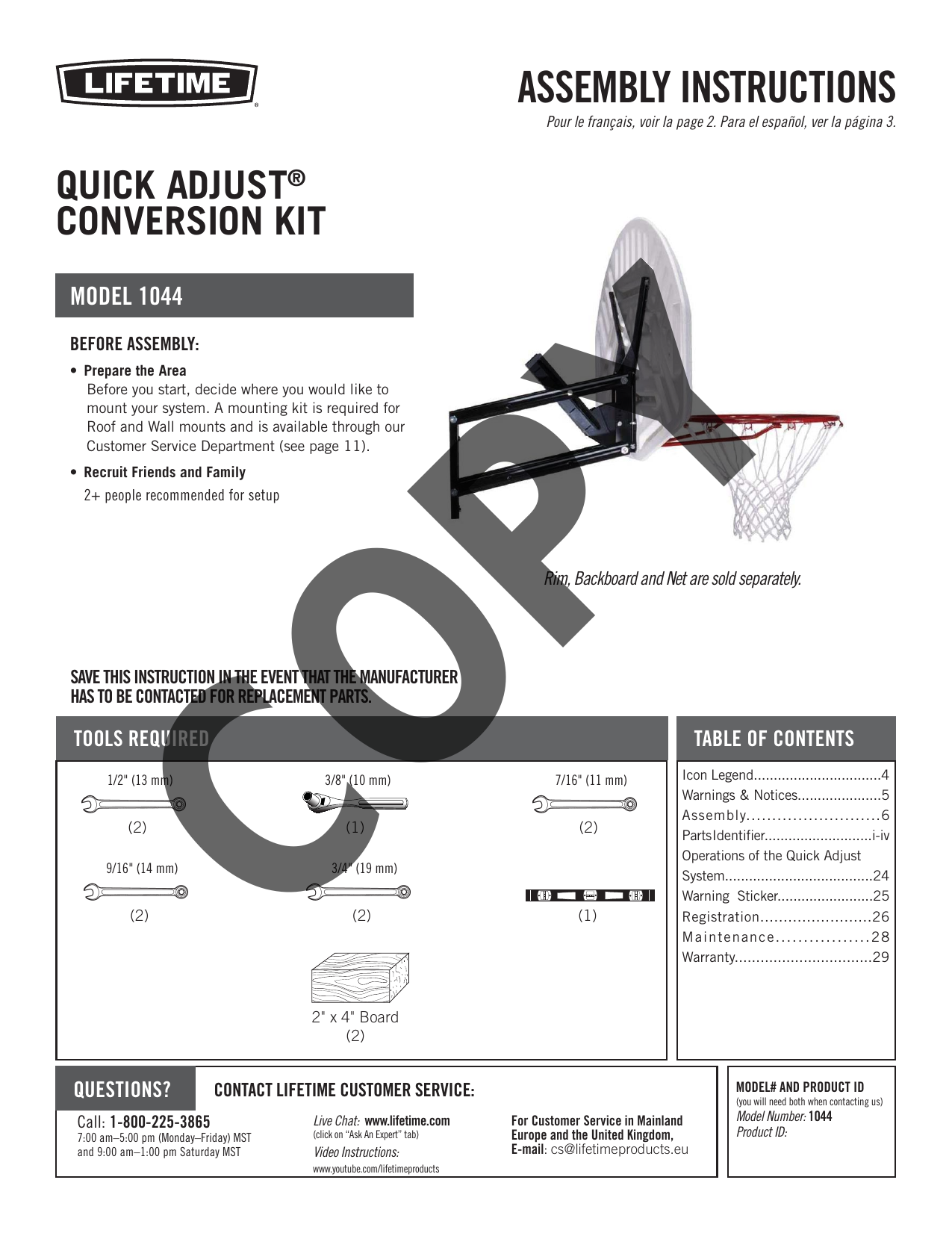 lifetime 1044 quick adjust
