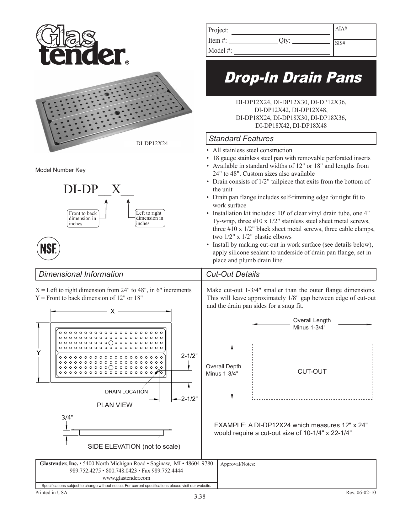 DROP IN DRAIN PAN 18 X 24 - DI-DP18X24