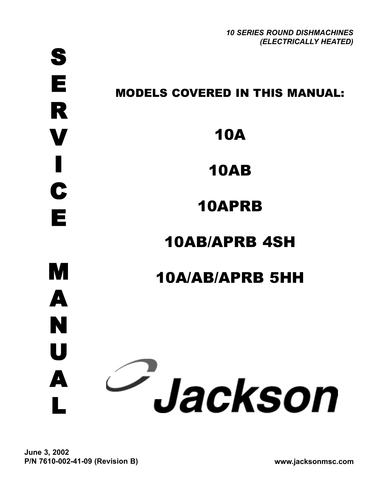 Jackson / Dalton Dishwasher 10A-5HH, 10AB-4SH, 10AB-5HH, 10AB, 10APRB