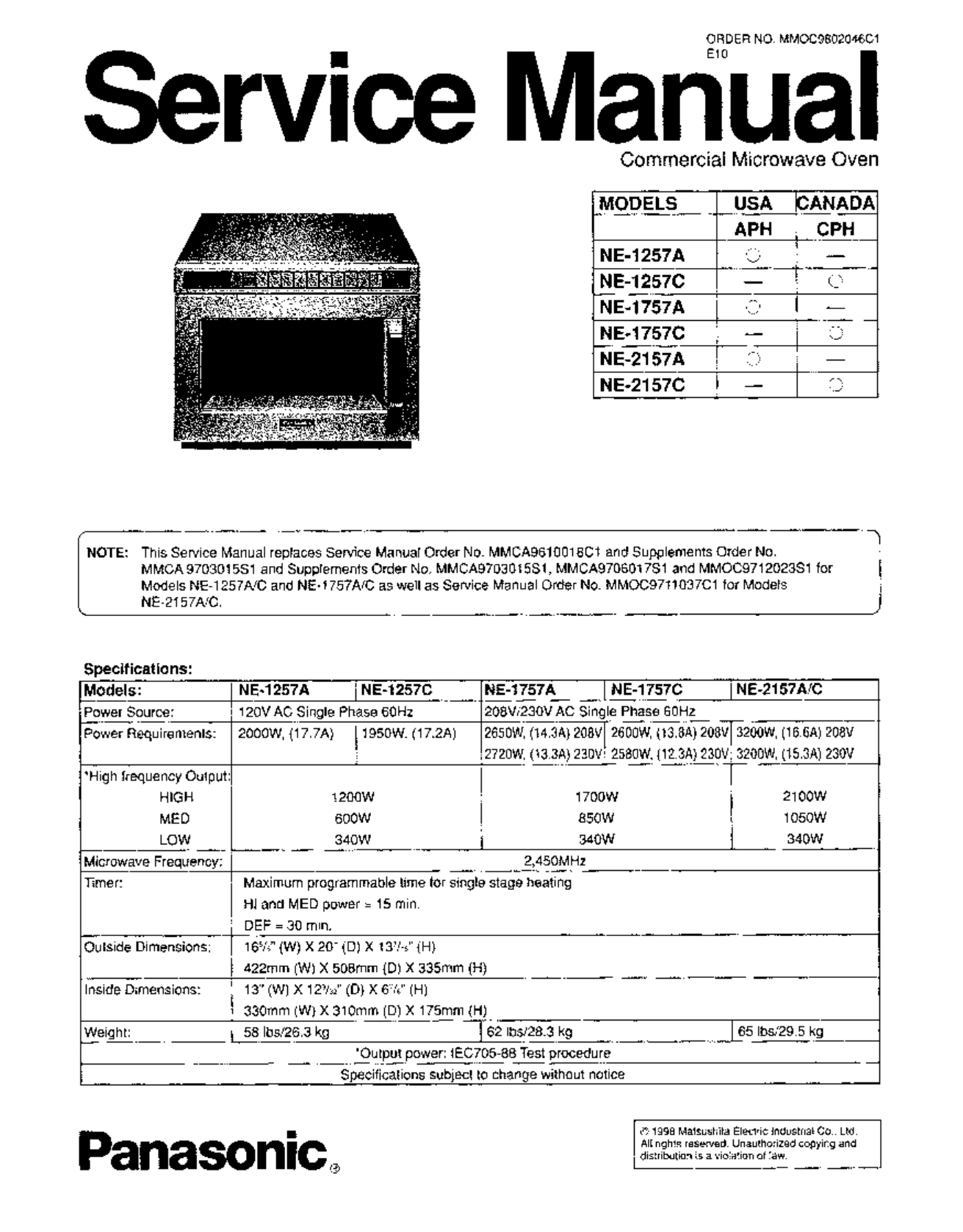 Panasonic Microwave NE-1257A Service Manual  Manualzz