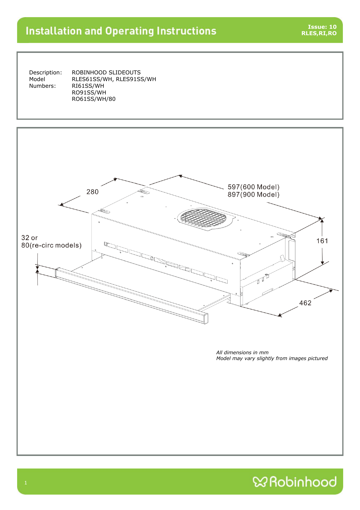 Robinhood RLES91SS/WH RLES 900 Slideout Rangehood Installation