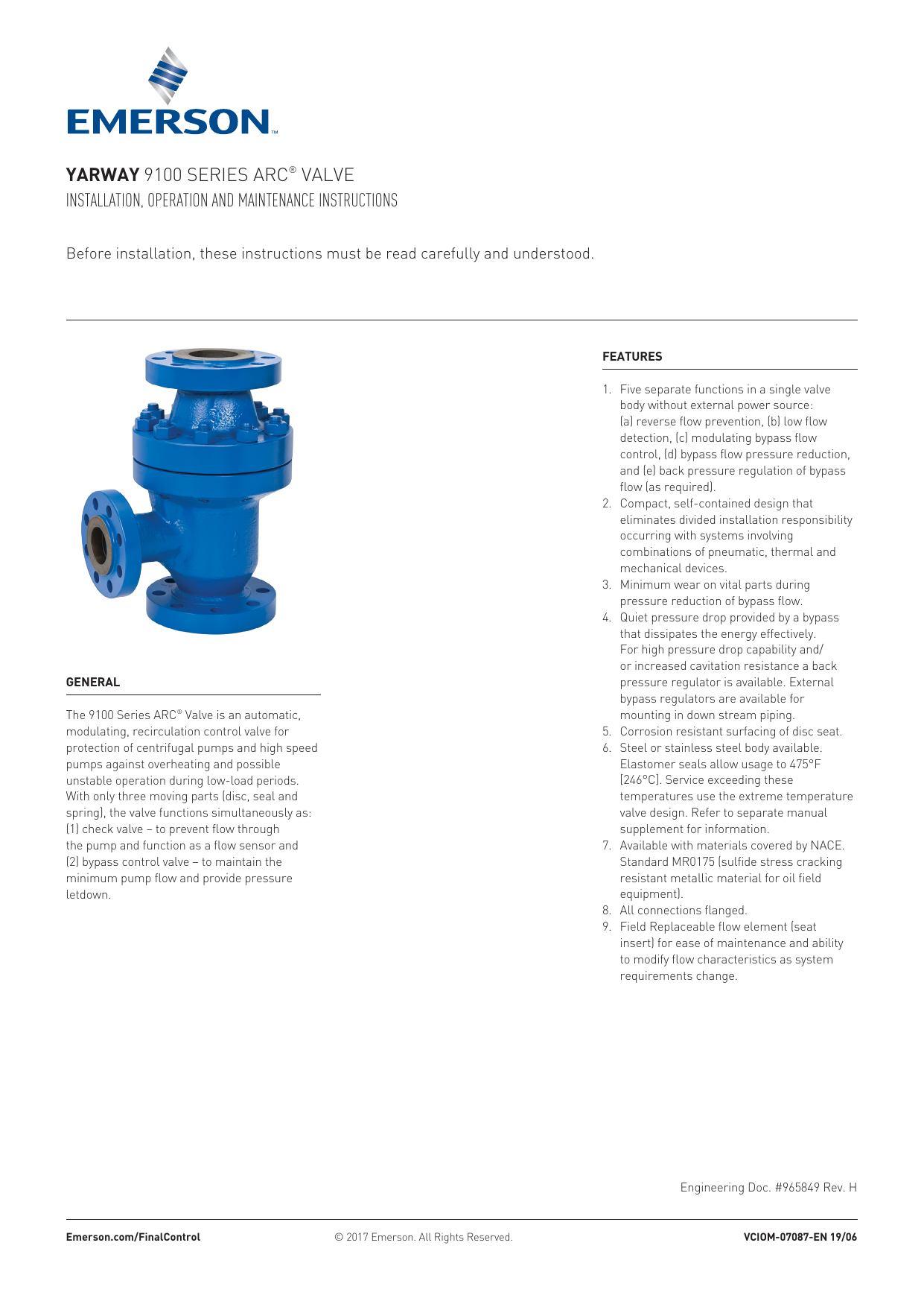 Yarway Series 9100 Arc Valve Owner S Manual Manualzz