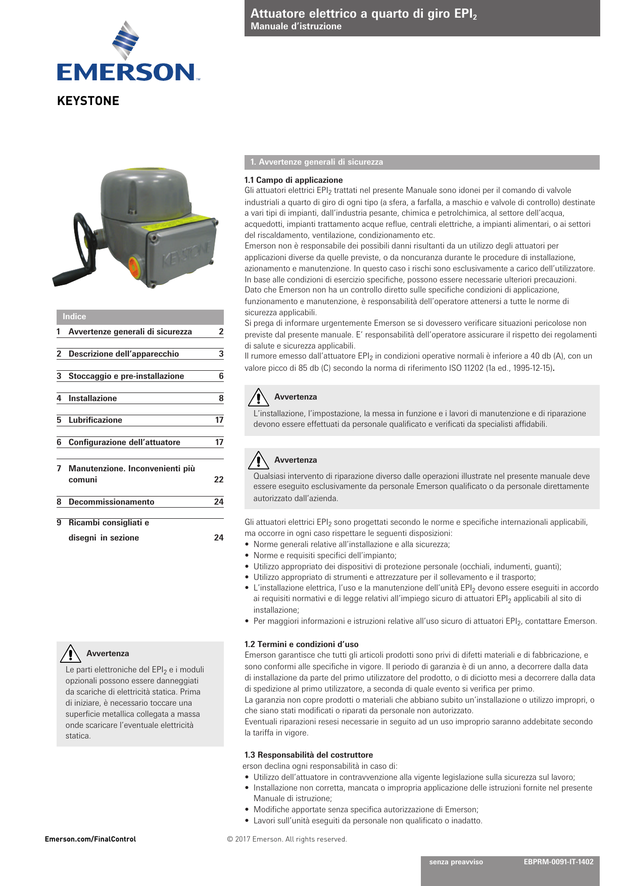 Keystone Electric Actuators model EPI2 IOM Manuale del proprietario