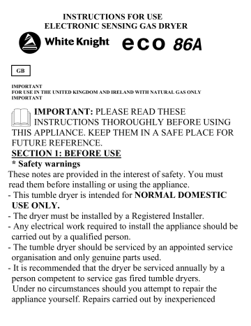 White Knight ECO86A Vented Tumble Dryer Instructions for use | Manualzz