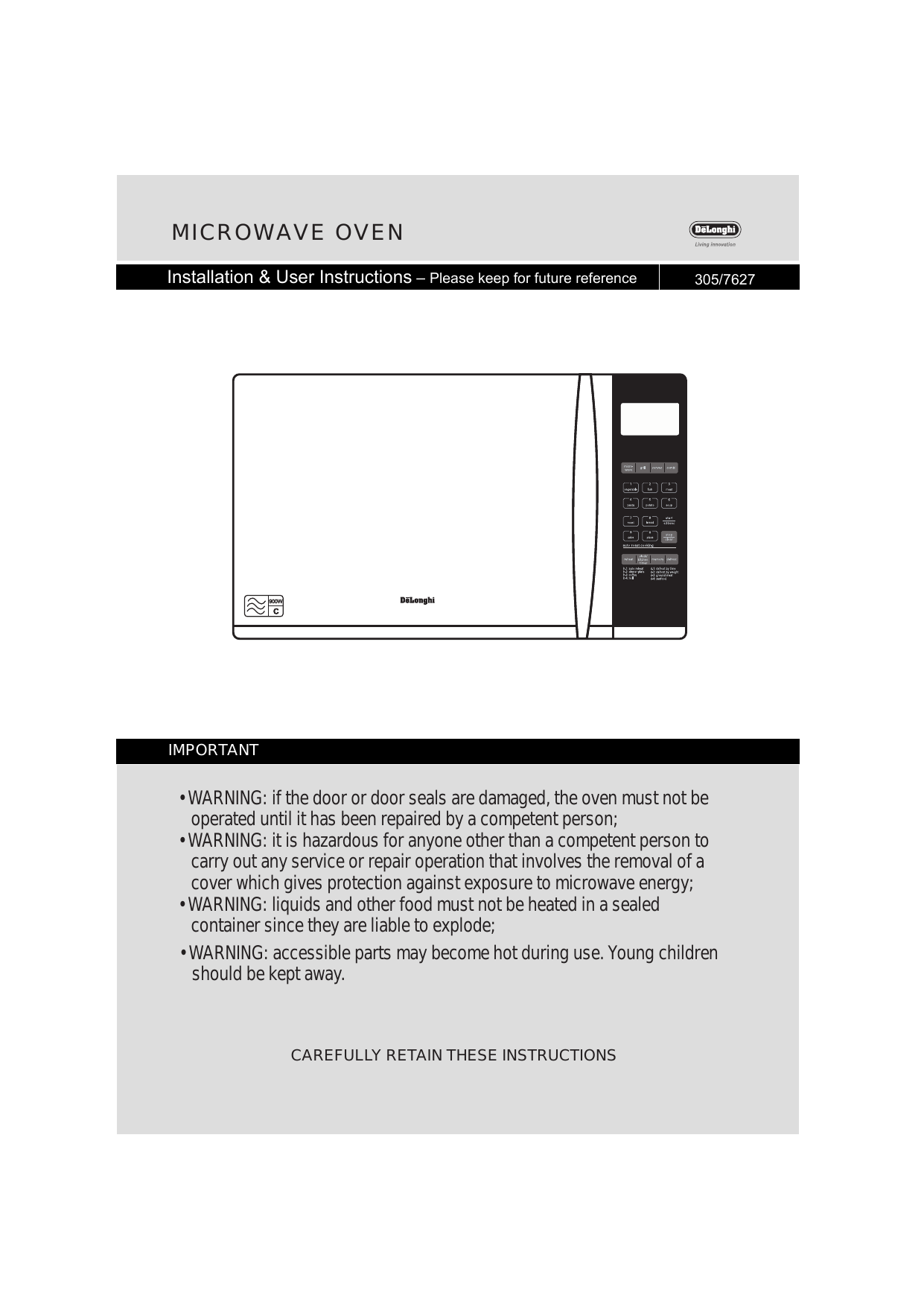 De Longhi DELONGHI EC9AHM 28L 900W COMBI TCH BLK Instruction