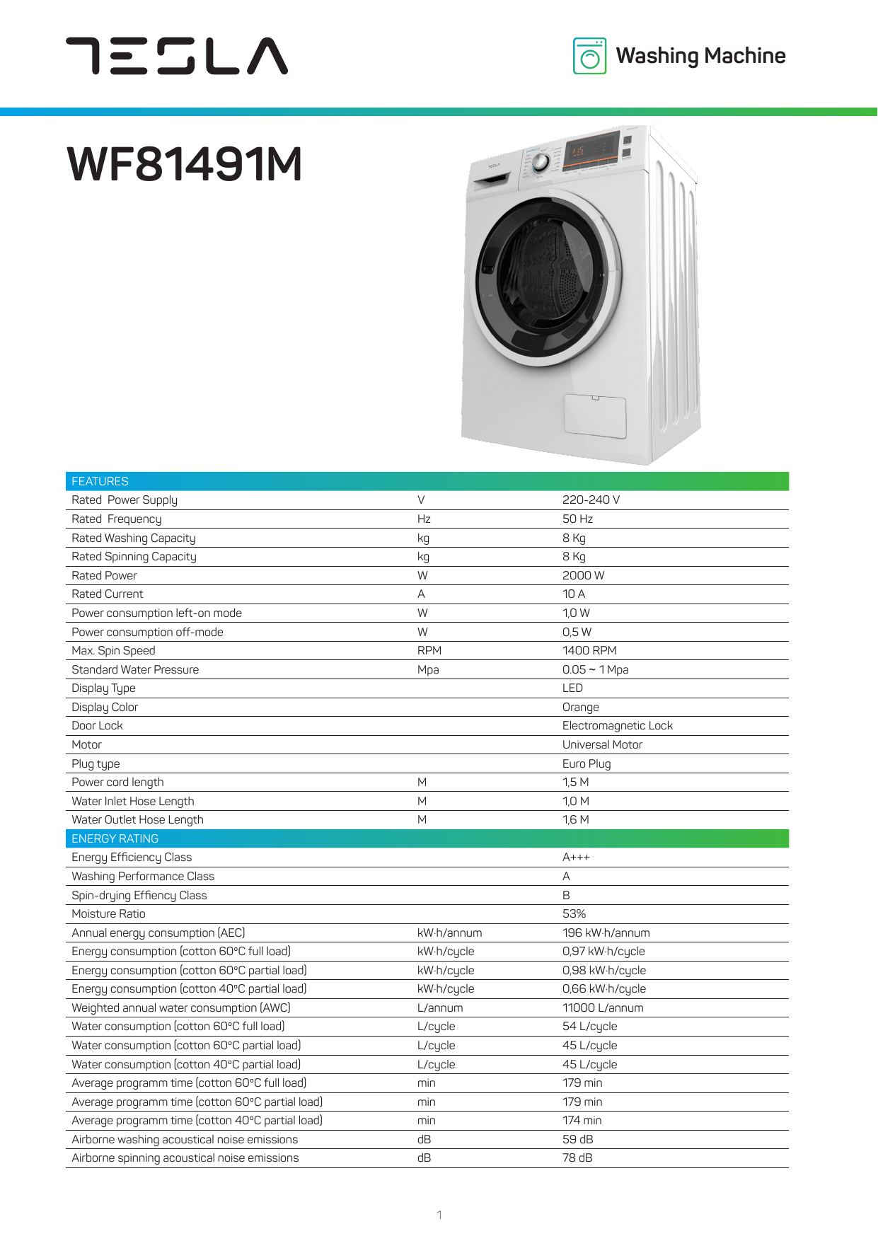 Tesla WF81491M Frontloading washing machine Specifications Manualzz