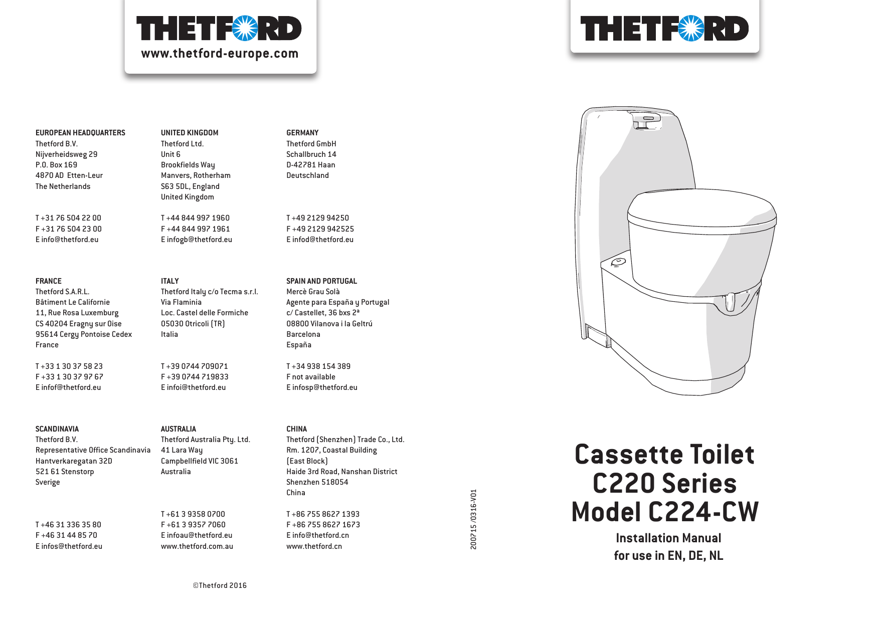 THETFORD C220 S/CS/CW Cassette Toilets Owner's manual Manualzz