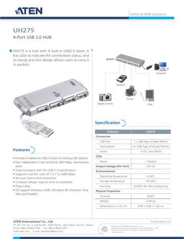 Aten UH275 USB/FireWire Hub Datasheet | Manualzz