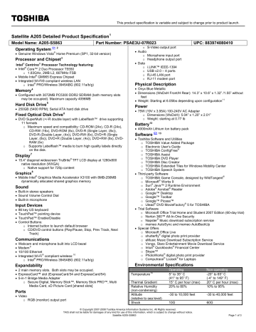 Toshiba A205-S5863 Laptop Specification | Manualzz