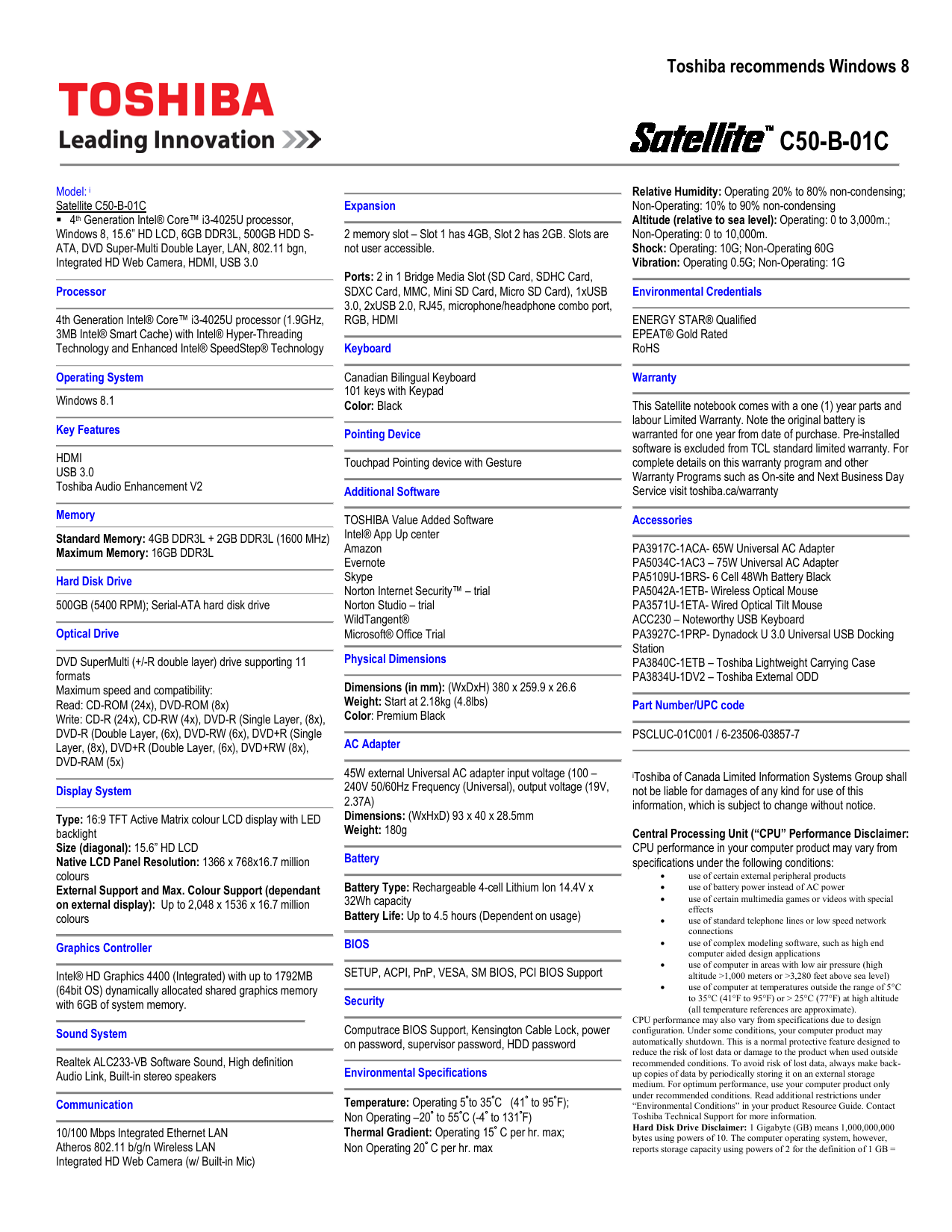 Toshiba C50 B Pscluc 01c001 Specification Manualzz