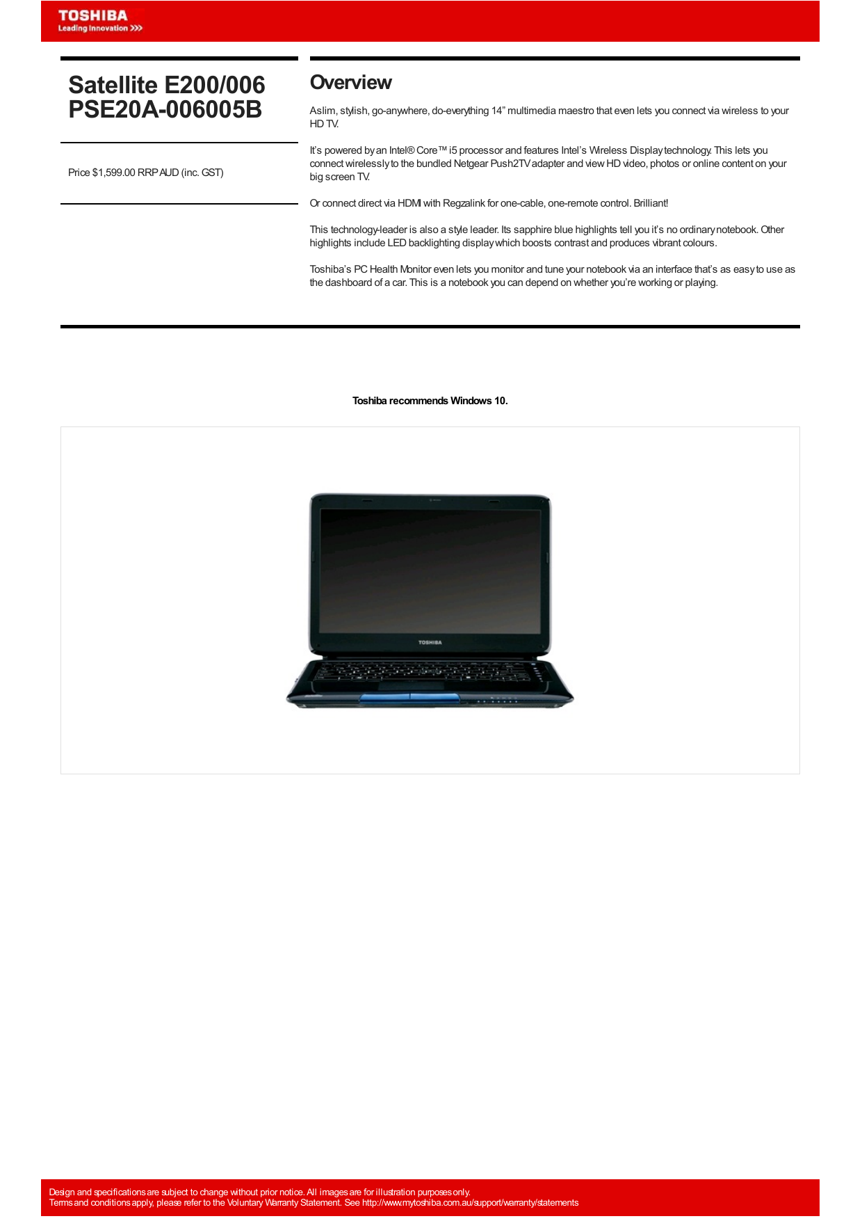 Toshiba E200 (PSE20A-006005B) Laptop 