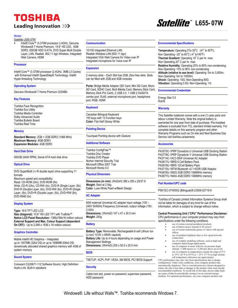 Toshiba L655 Psk1ec 07w00q Specification Manualzz