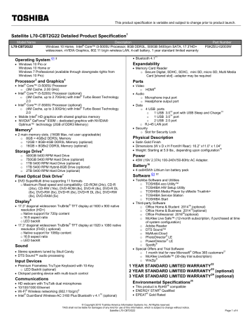 Toshiba L70-CBT2G22 Laptop Specification | Manualzz