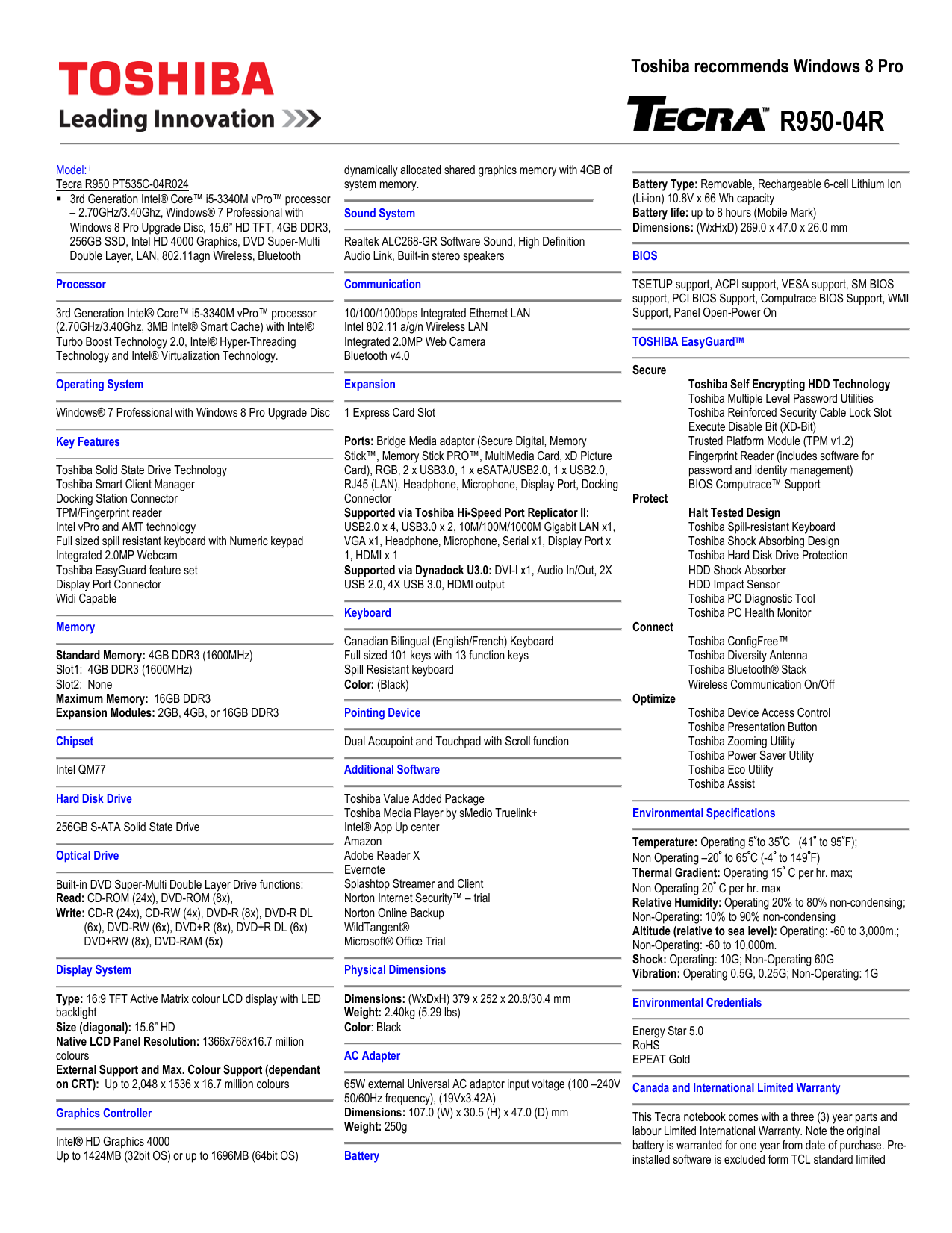 Toshiba R950 Pt535c 04r024 Specification Manualzz
