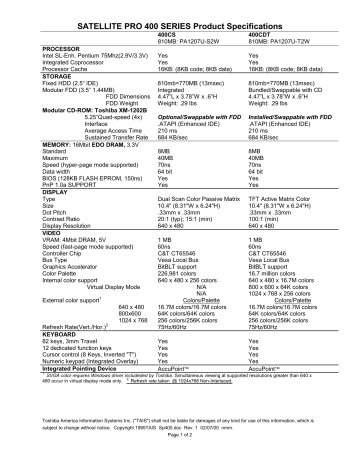 Toshiba 405CS Laptop Specification | Manualzz