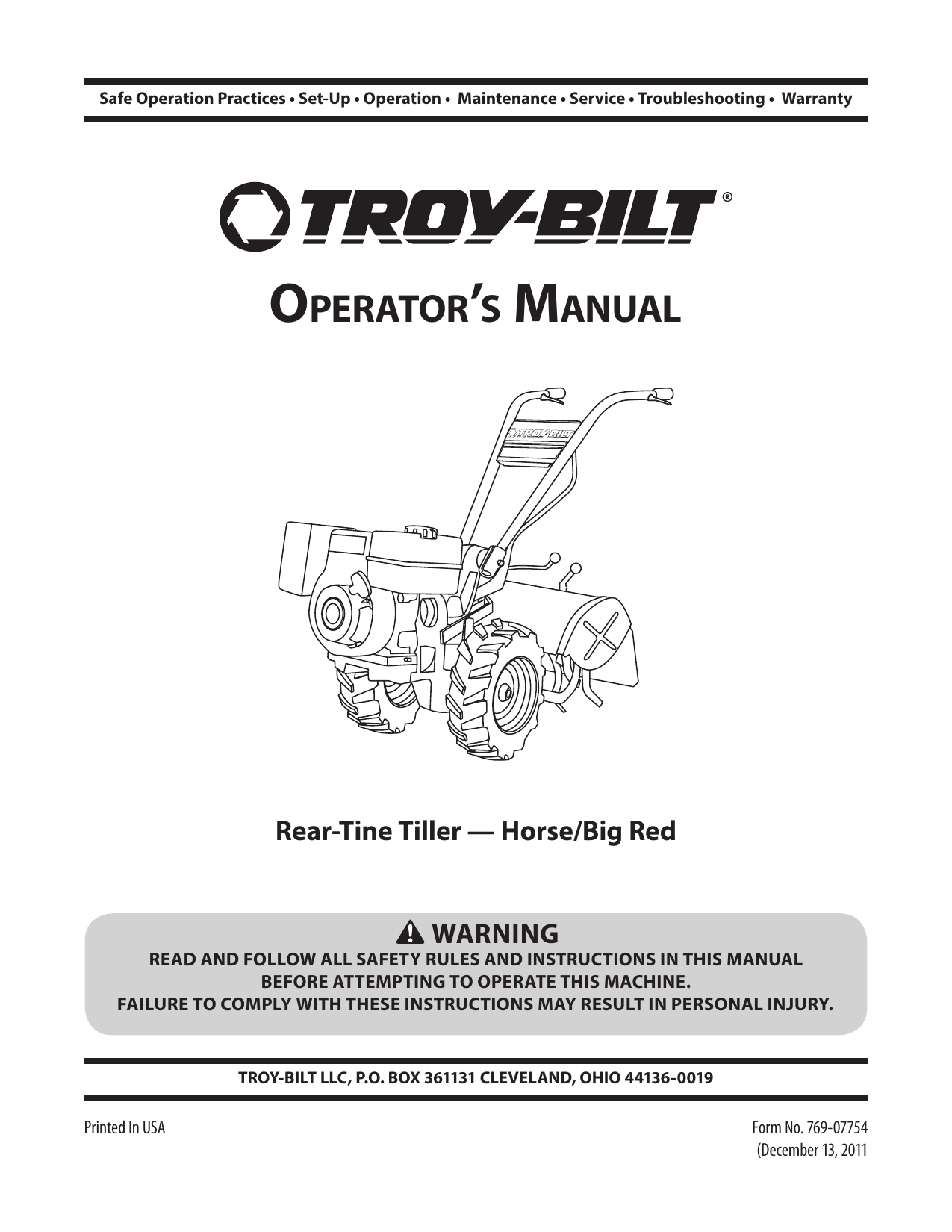 TroyBilt Horse Tiller, Horse/Big Red Operating instructions Manualzz