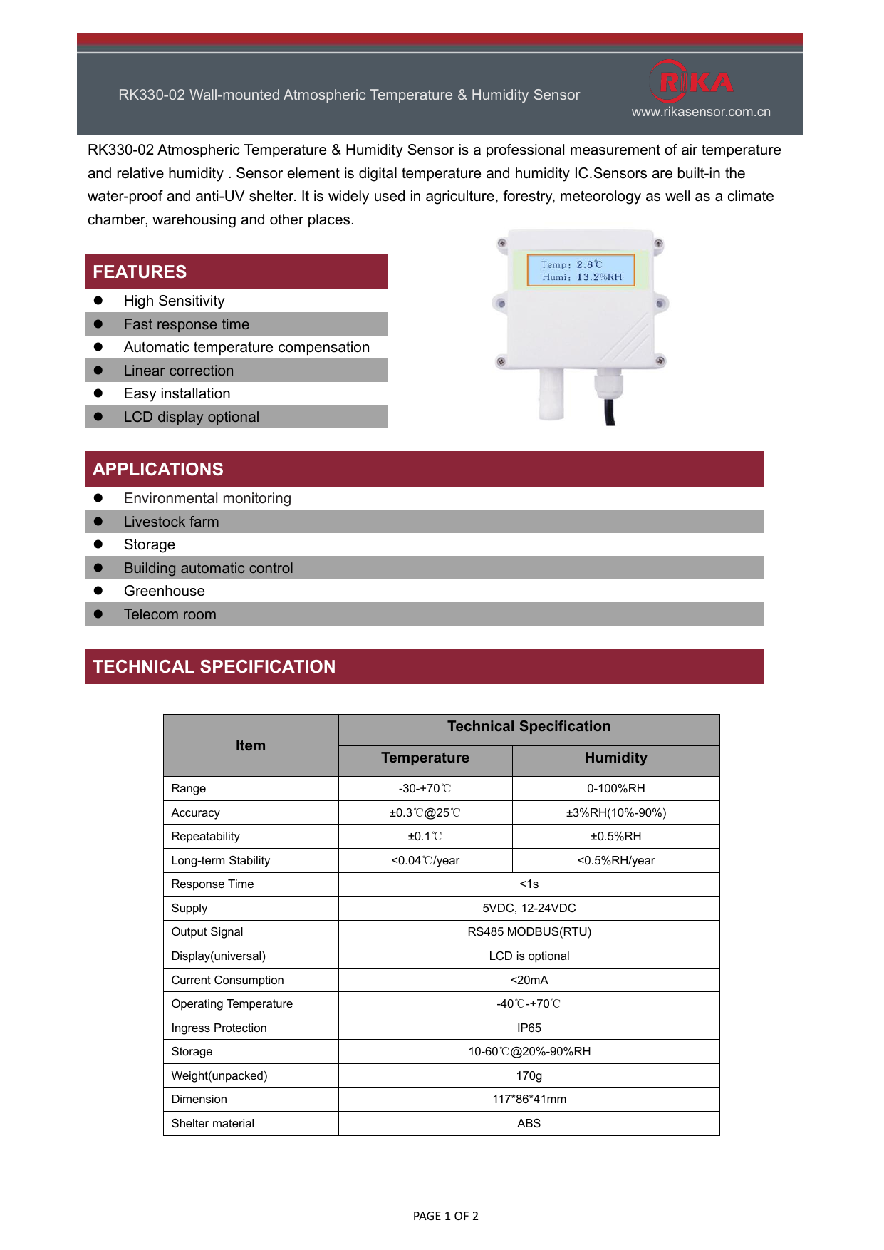 Rk330-02 Wall-mounted Ambient Temperature & Humidity Sensor