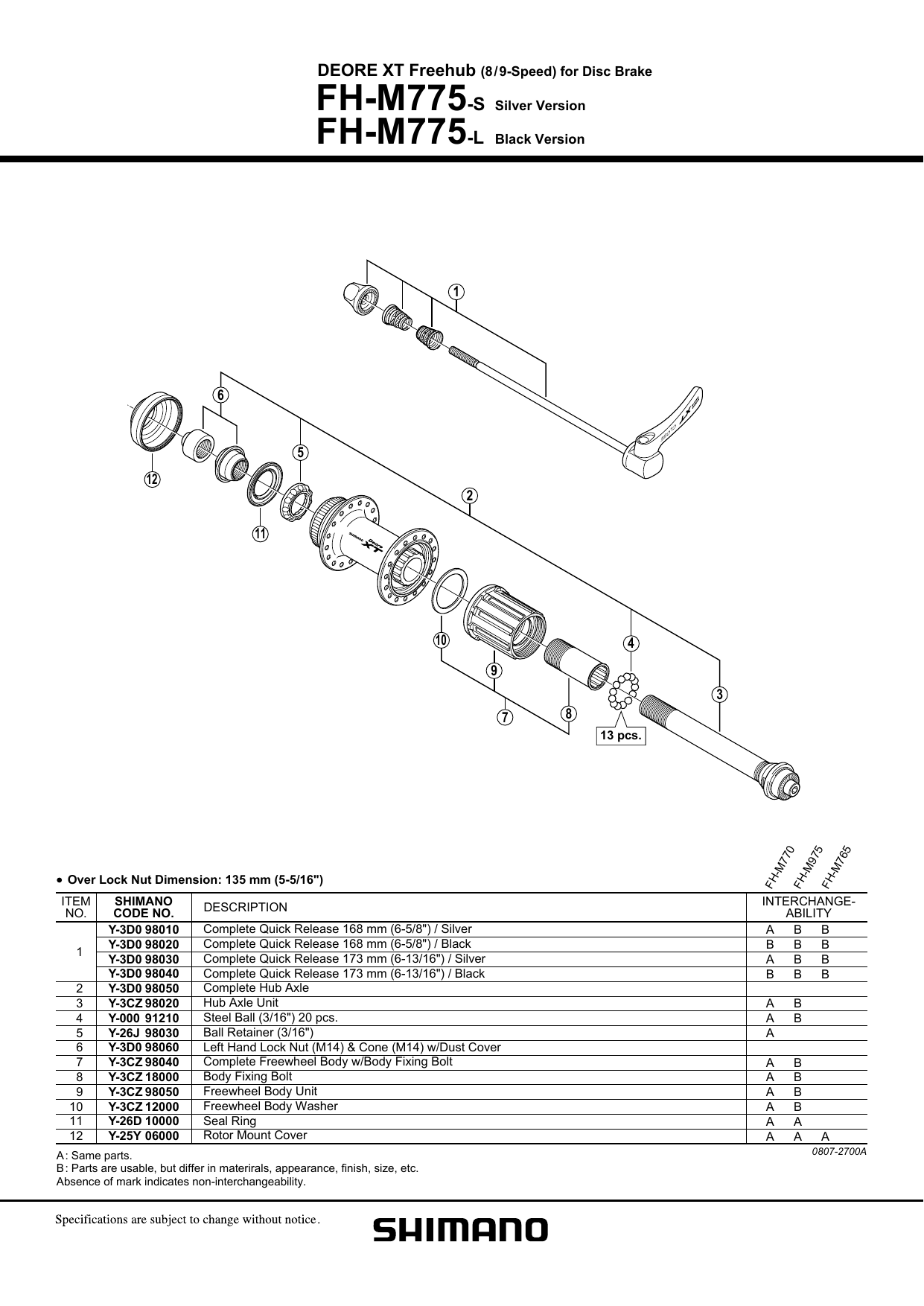 Shimano Quick Release Complete for FH-M775 168mm Black 