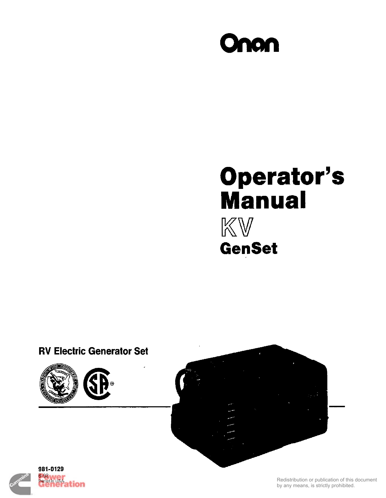 Onan RV Generator "Emerald Plus" BGE & NHE Service Manual