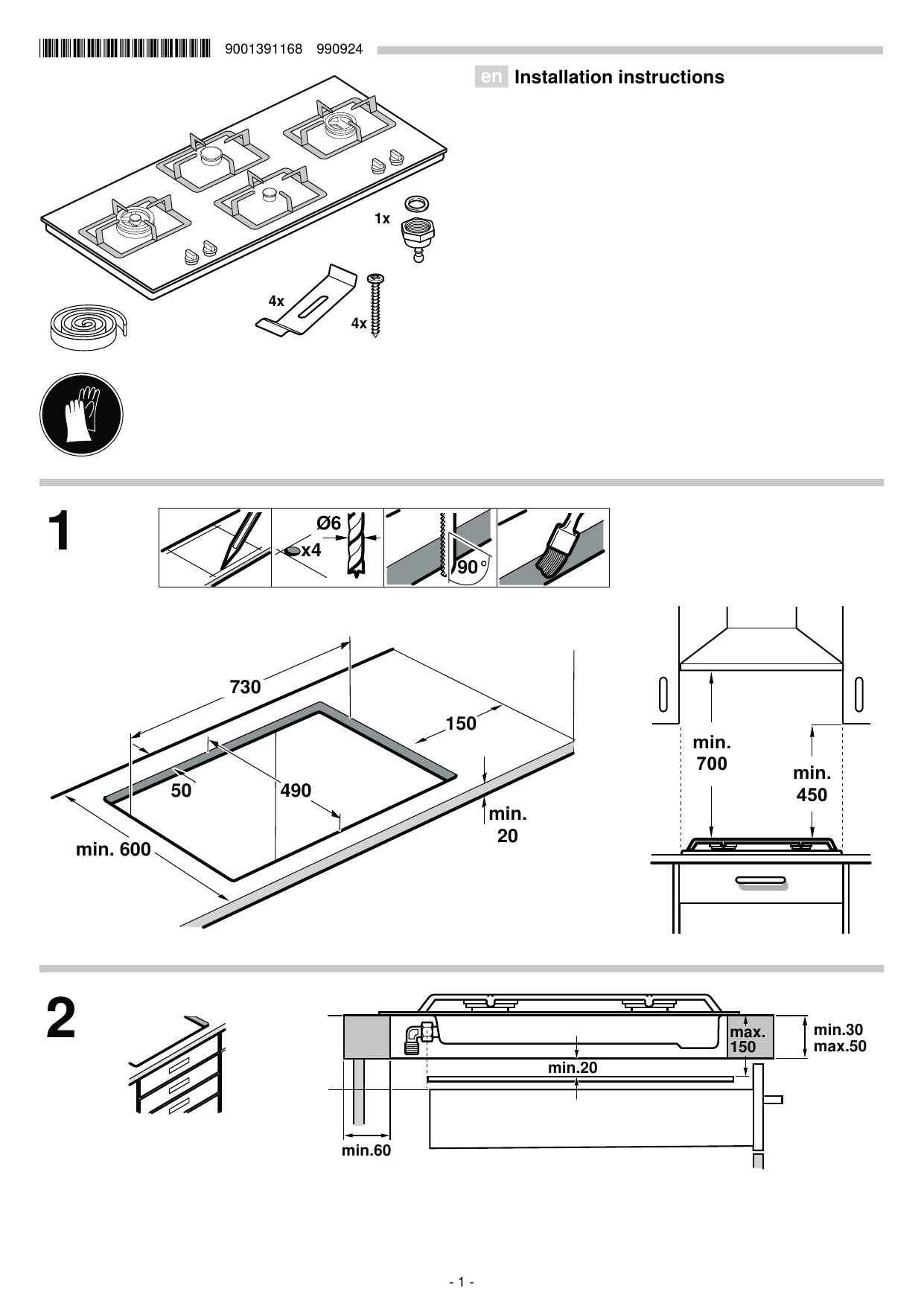 Bosch PPI9S6F20I/01 "Gas cooktop, autarkic" User manual and assembly