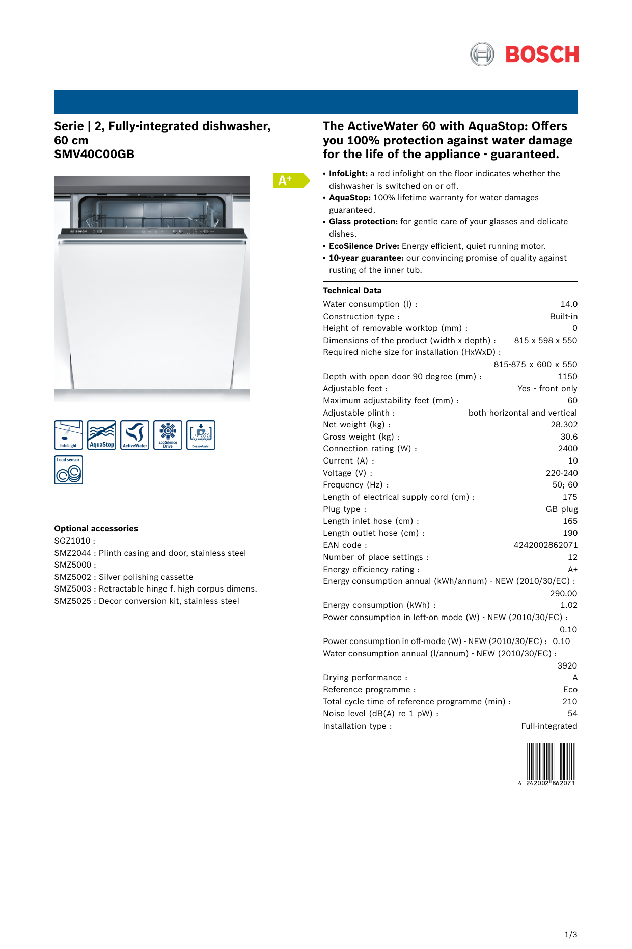 Bosch SMV40C00GB 60 cm Fullyintegrated dishwasher Serie 2 Product