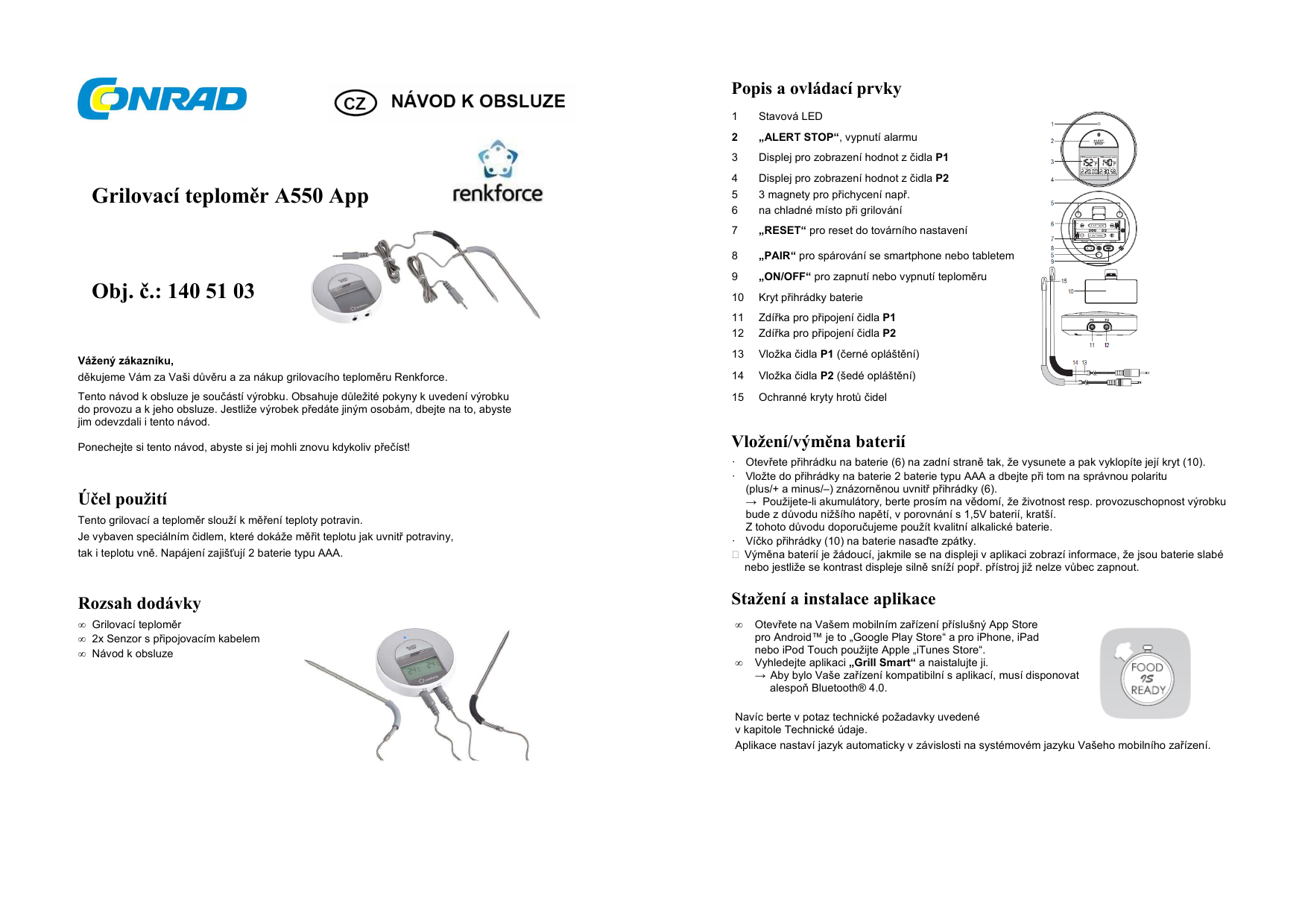 Renkforce BBQ thermometer Free app, Corded probe, Alarm, Auto switch