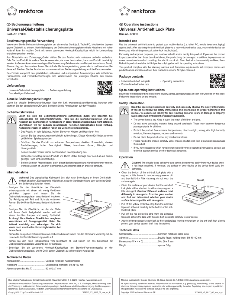 Renkforce Theft Protection Baseuniversal Owner S Manual Manualzz