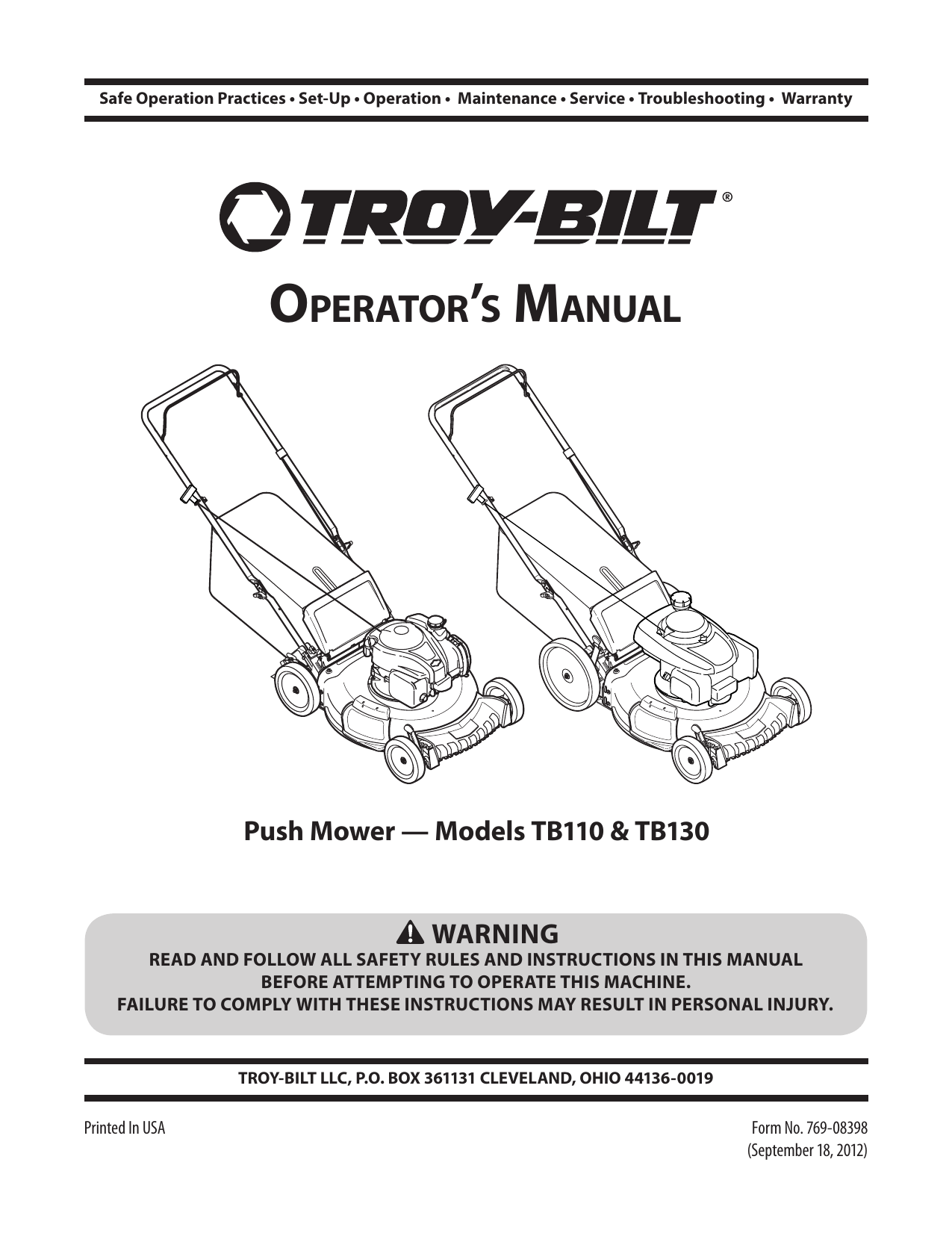 Troy-Bilt 21 Push Mower, TB110, TB130 Operator's Manual | Manualzz