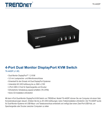 Trendnet RB-TK-440DP 4-Port Dual Monitor DisplayPort KVM Switch Datenblatt | Manualzz