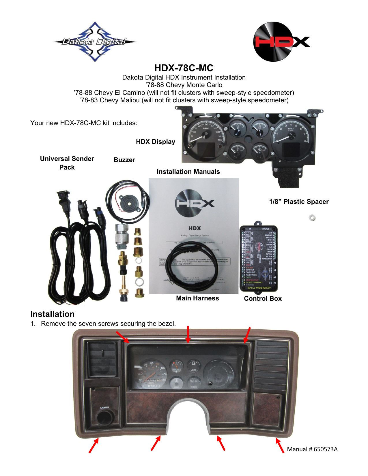 Dakota Digital HDX78CMC 197888 Chevy Monte Carlo, 197887 Chevy El