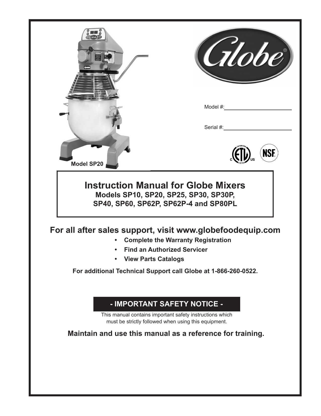 Globe SP80PL Mixer Owner’s Manual Manualzz