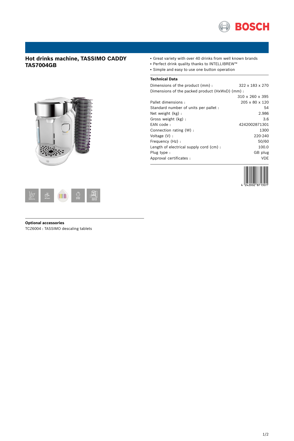 Bosch TAS7004GB TASSIMO CADDY Hot 