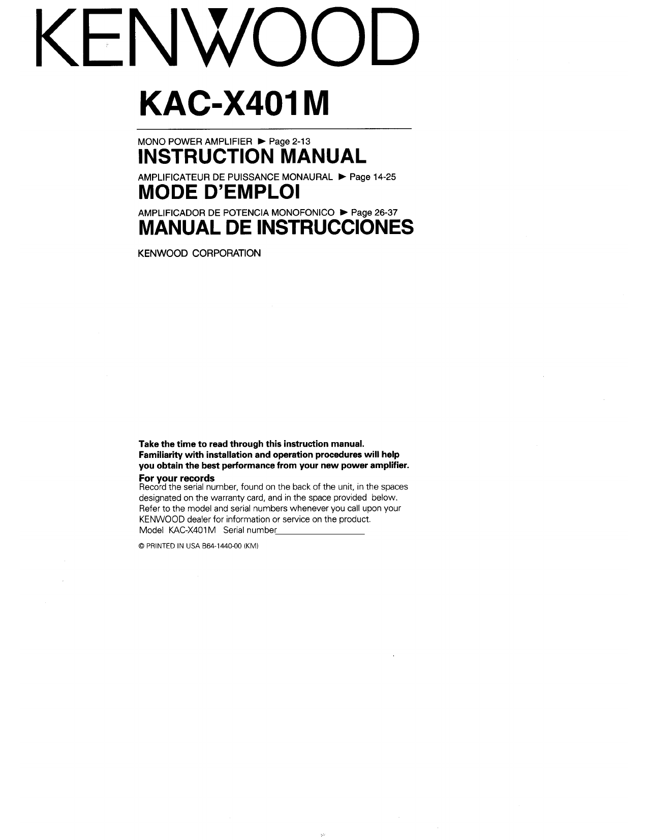 Kenwood Kac X401m Owner Manual
