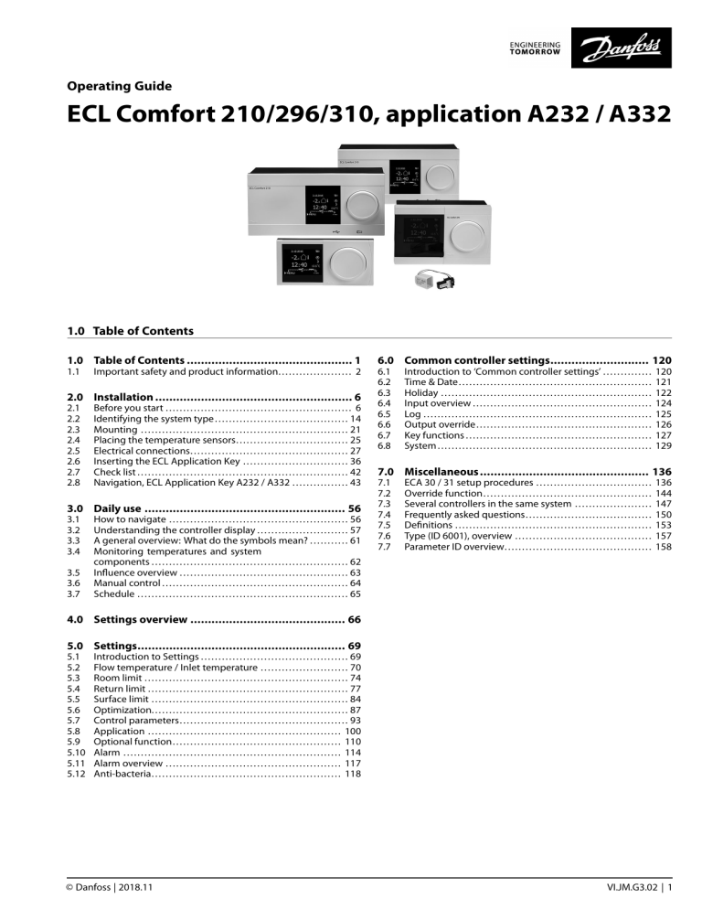 Danfoss ECL Comfort 210 / 296 / 310, A232 Operating instructions | Manualzz