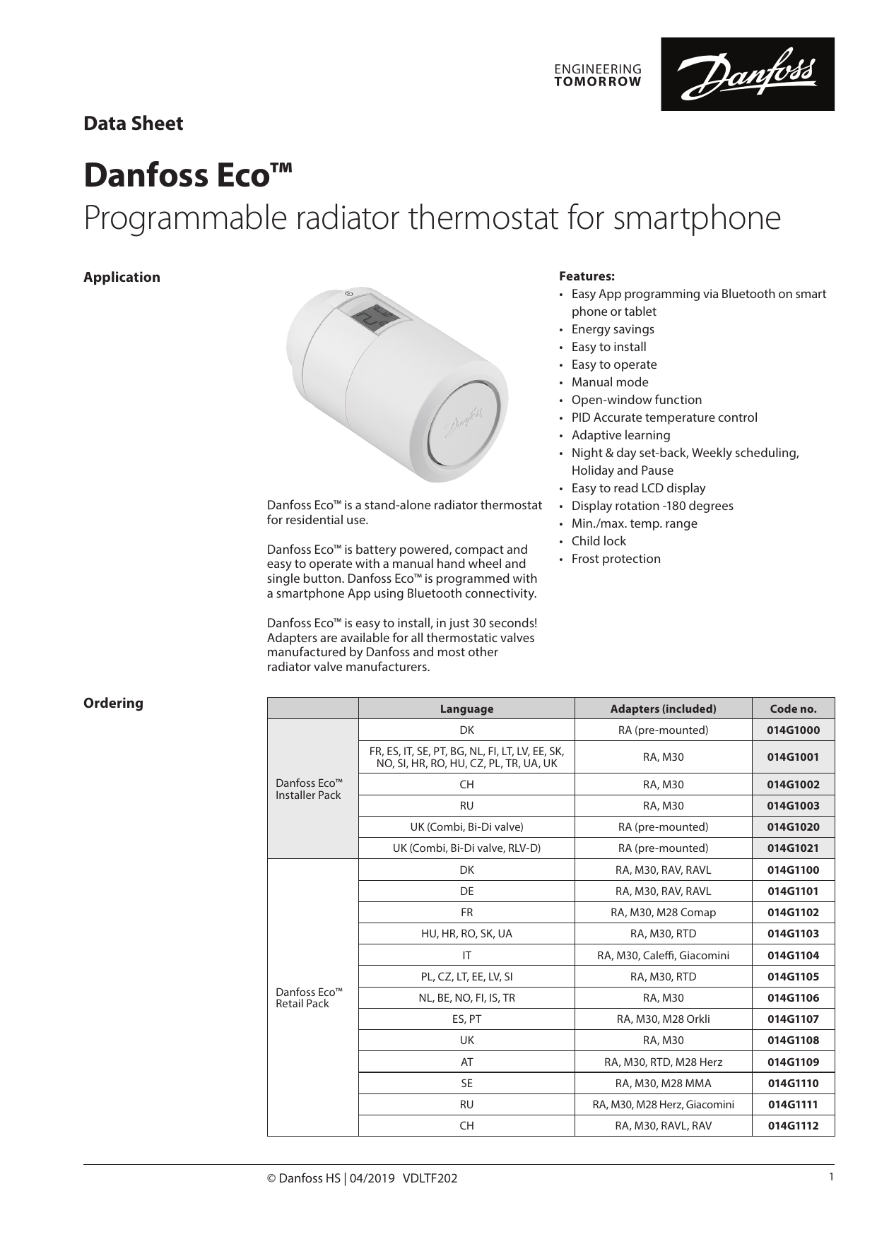 Danfoss Eco™ Programmable radiator thermostat for smartphone Data Sheet