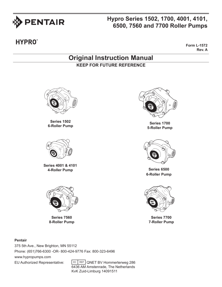 Hypro 1502, 1700, 4001, 4101, 6500, 7560 and 7700 Roller Pumps Owner's