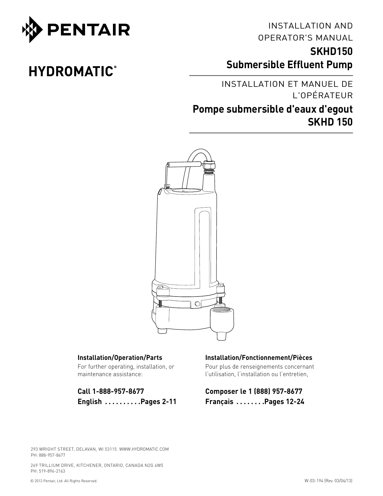 Hydromatic SKHD150 Submersible Effluent Pump Owner's Manual Manualzz