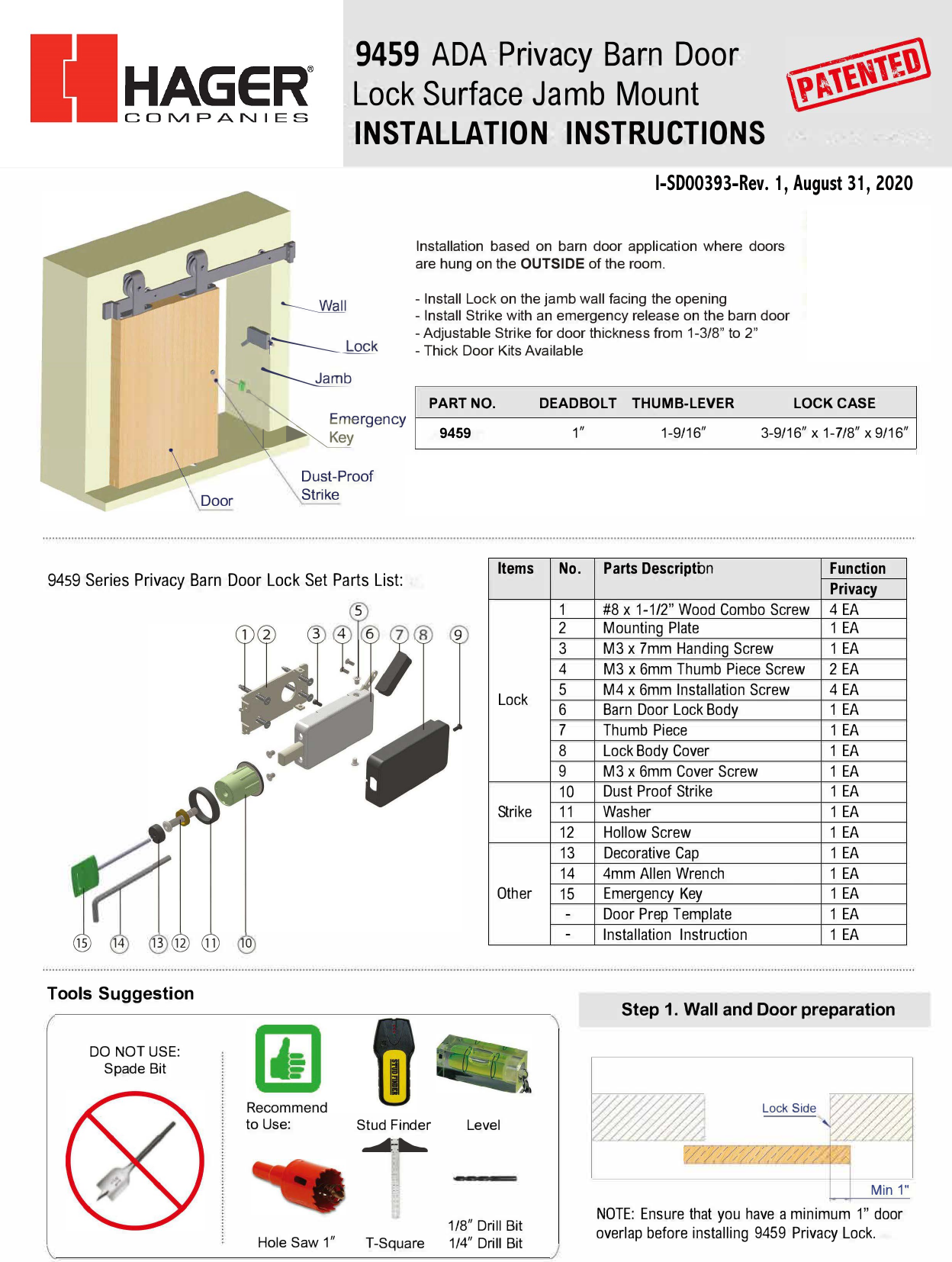 Hagerco 9459 Surface Jamb Mount Barn Door Privacy Latch Installation Instructions Manualzz