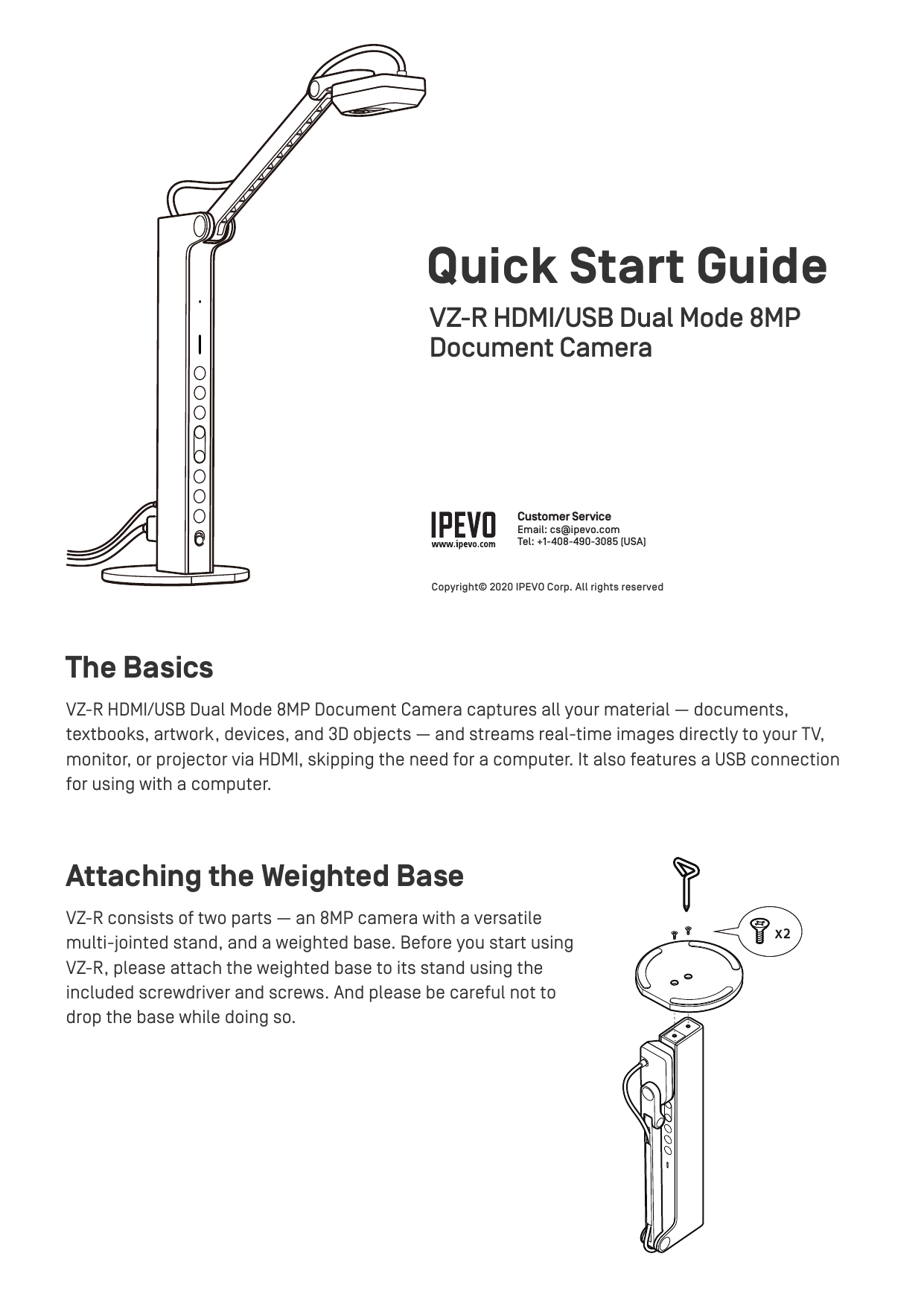 Ipevo VZR HDMI/USB Dual Mode 8MP Document Camera Quick Start Guide