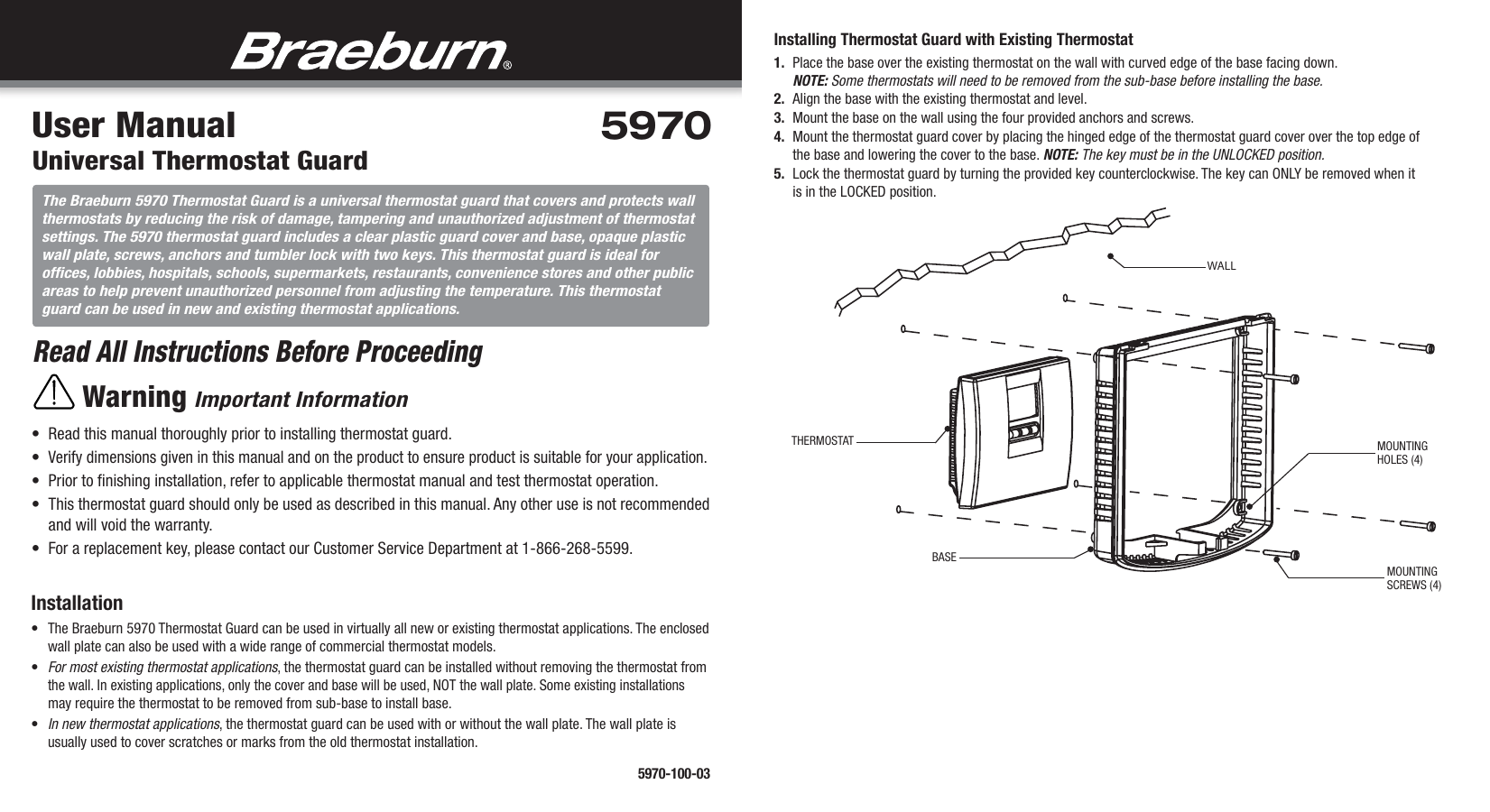Braeburn 5970 Universal Thermostat Guard Fits thermostats up to 7.3" W
