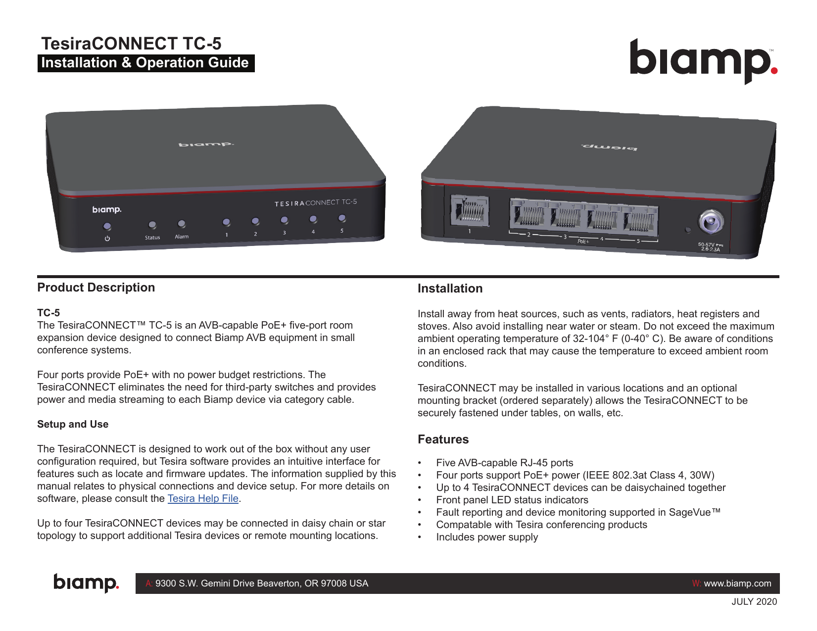 Biamp TesiraCONNECT TC-5 Installation & Operation Guide | Manualzz