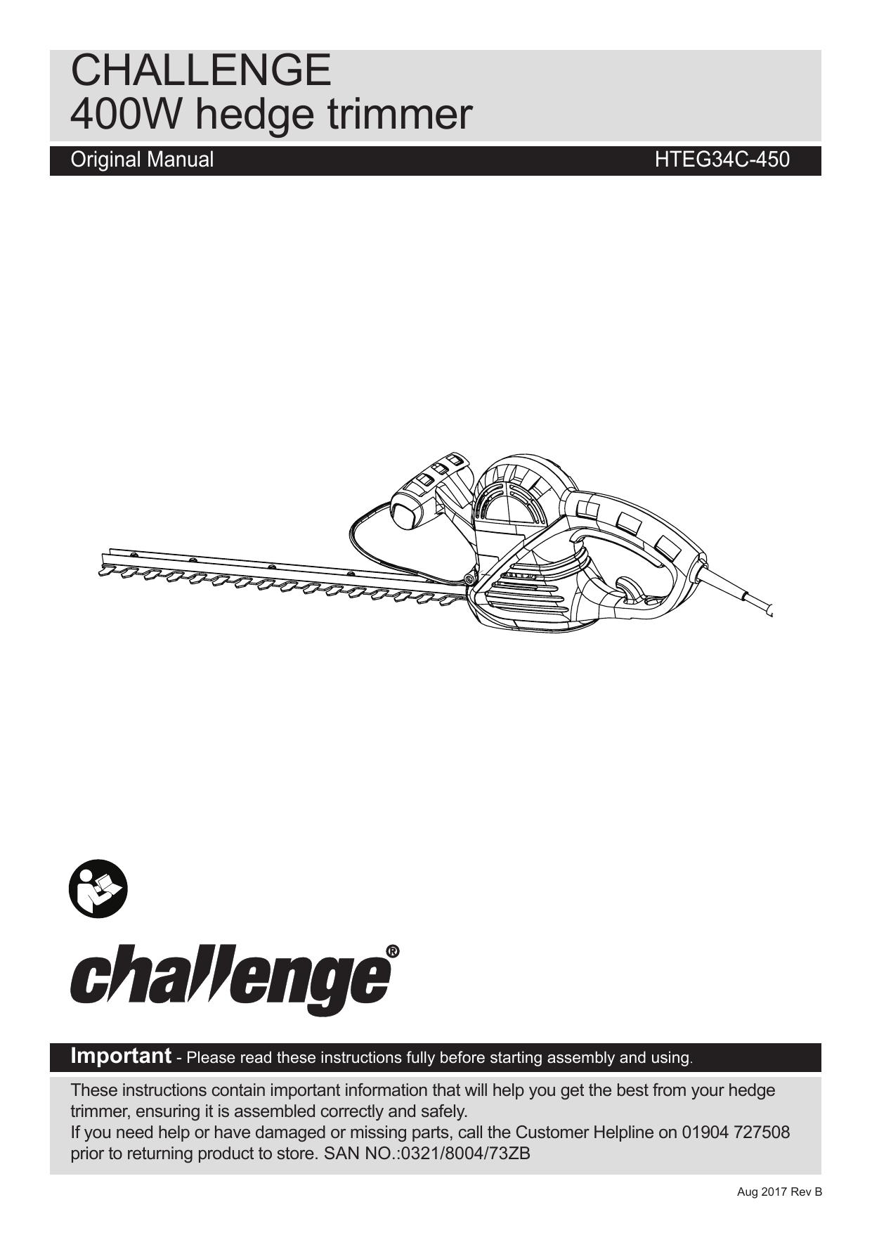 Challenge HTEG34C450 2020 400W CORDED HEDGE TRIMMER Owner's Manual