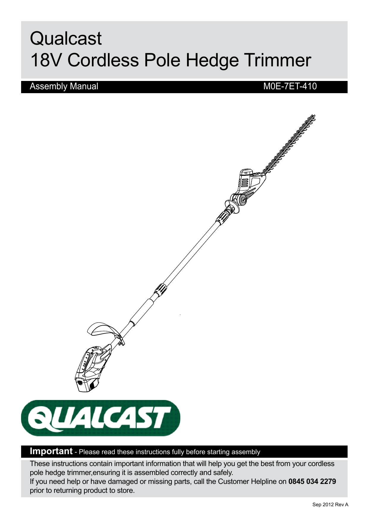 Qualcast MOE7ET410 18V NICD CORDLESS POLE HEDGE TRIMMER Owner's