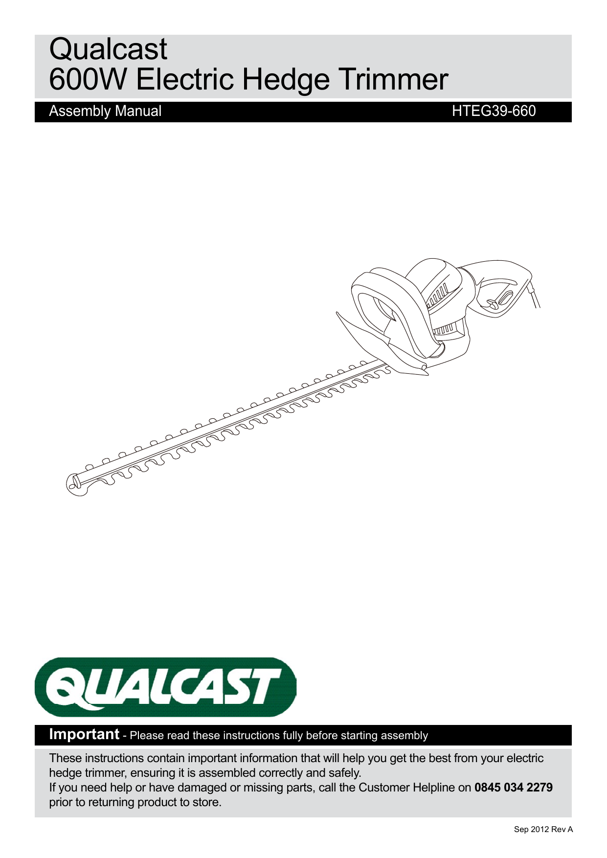 Qualcast HTEG39660 600W CORDED HEDGE TRIMMER Owner's Manual Manualzz